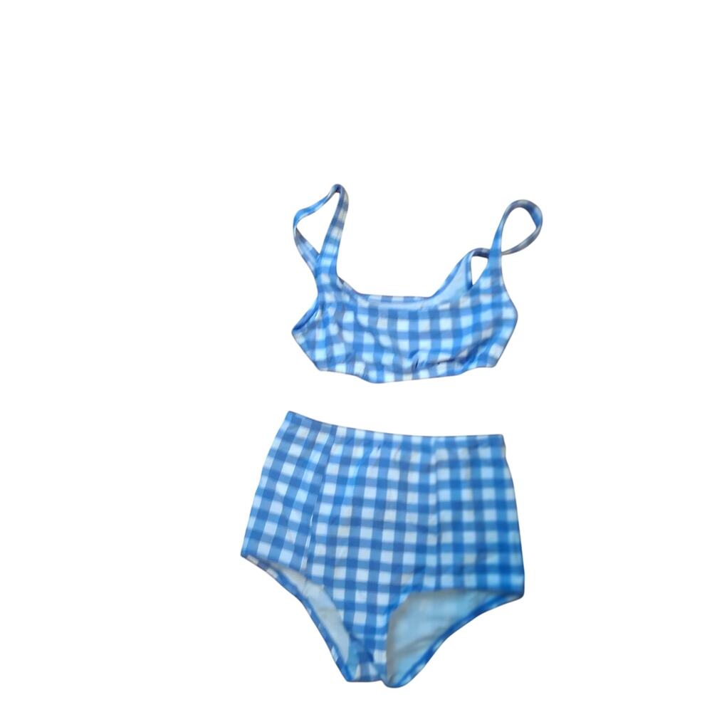J Crew bikini womens XS high waisted bottoms top blue white ginham